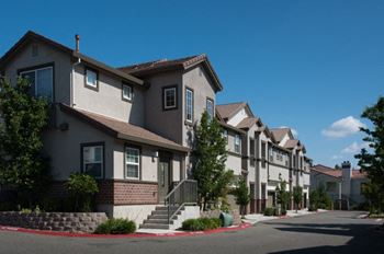 Building clusters with designer coordinated multi colored paint and roof color schemes.